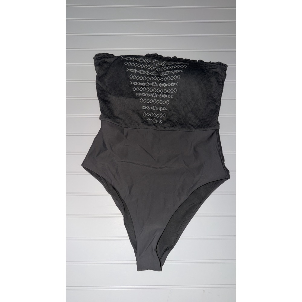 Aerie Womens Smocked Bandeau One Piece Swimsuit Gray Embroidered Strapless M